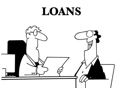 Cartoon image representing customer taking a loan at the bank